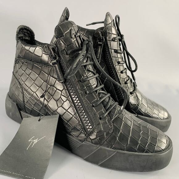 GIUSEPPE ZANOTTI Size 9 Black Croc Embossed Leather High Top Sneakers - Picture 1 of 8